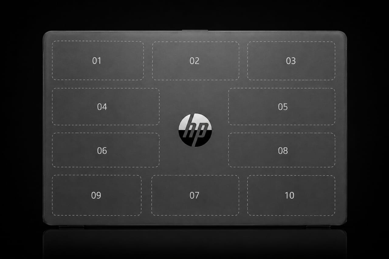 My HP laptop — 10 advertising spots marked on the lid